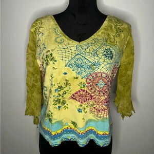 VTG Beaded boho floral Bila bell sleeve shirt size PXL